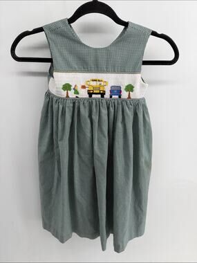 Mom & Me gingham plaid smocked school bus embroidered sleeveless tank dress sz 5